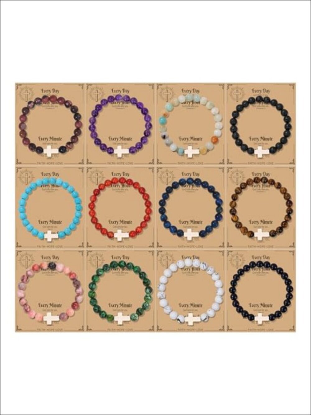 12Pc Cross Beaded Bracelet Set 8mm Gemstone Stretch Wristbands Religious